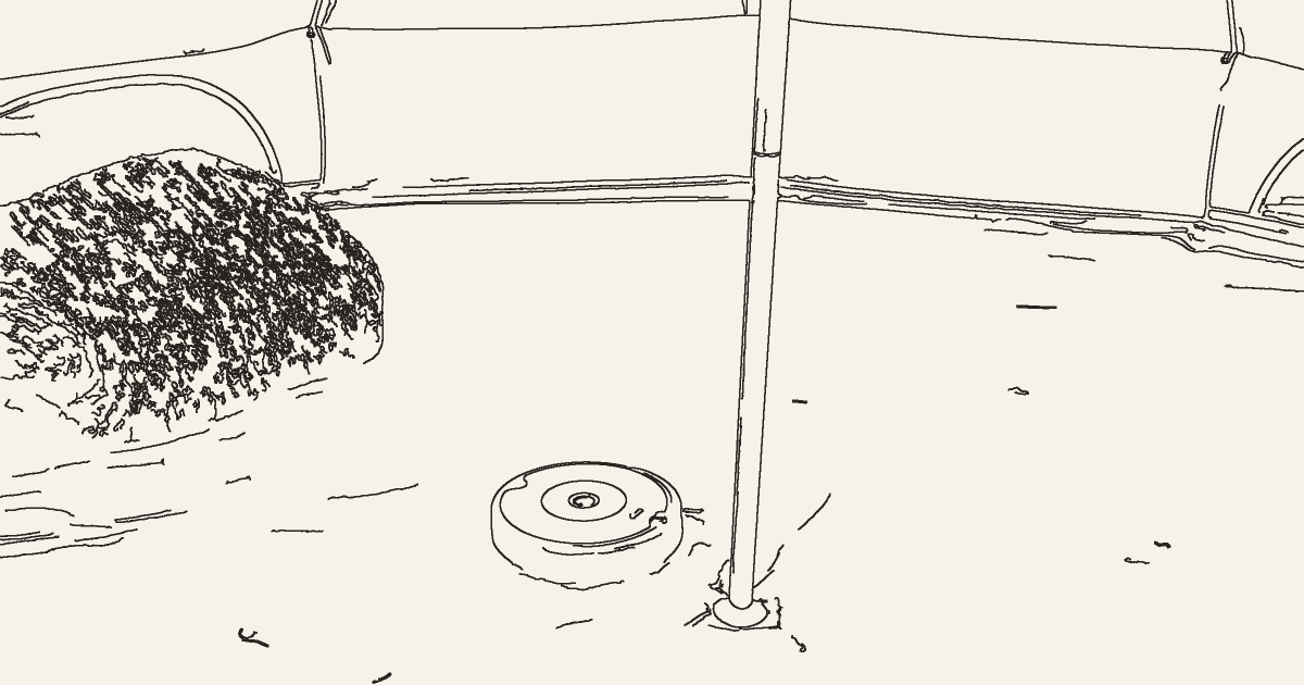 A line drawing of the inside of a bell tent: a round robot vacuum on the groundsheet near the centre pole, with a folded knitted blanket by the wall